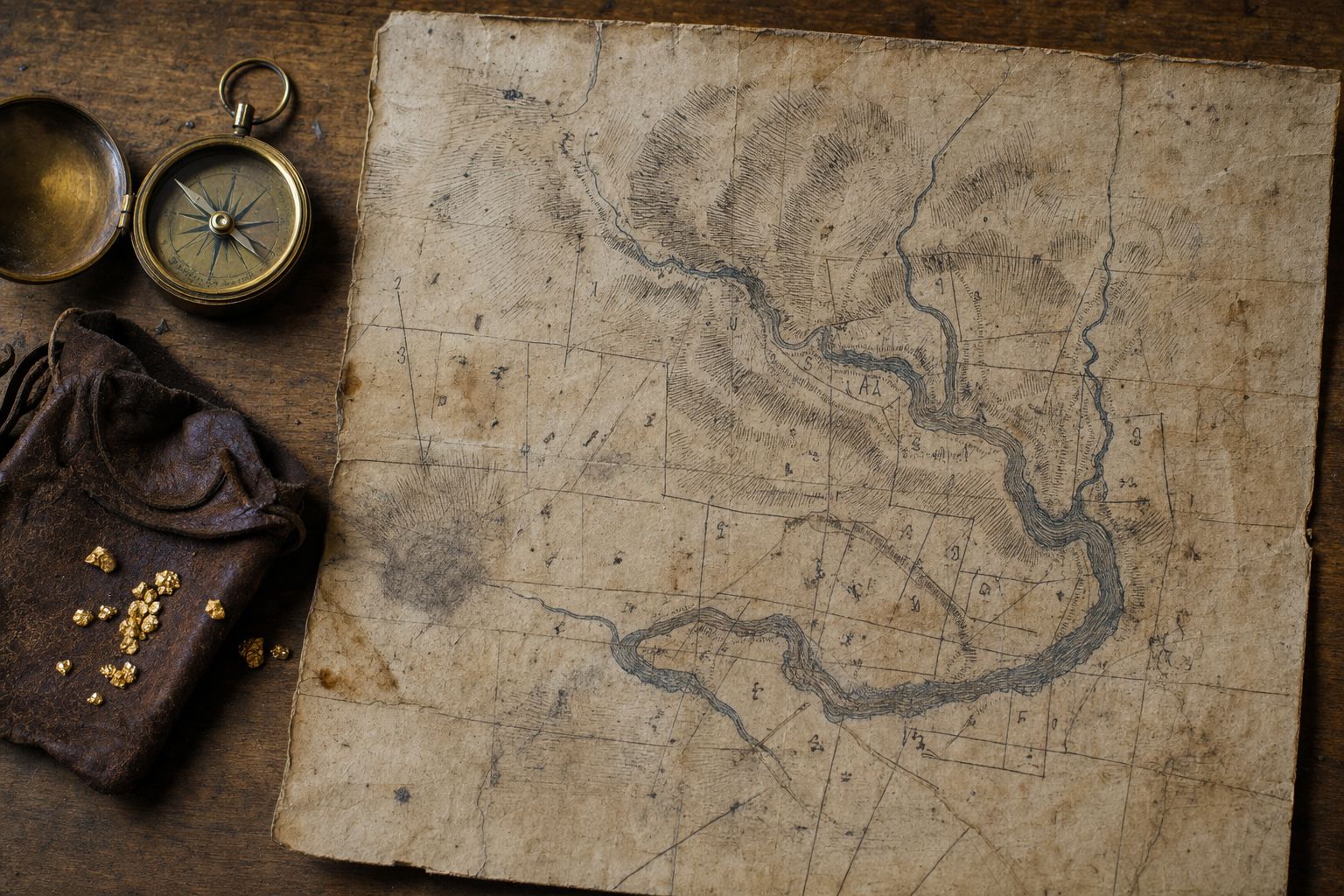 A weathered 1850s hand-drawn miner's claim map of a Sierra Nevada gold-country creek
