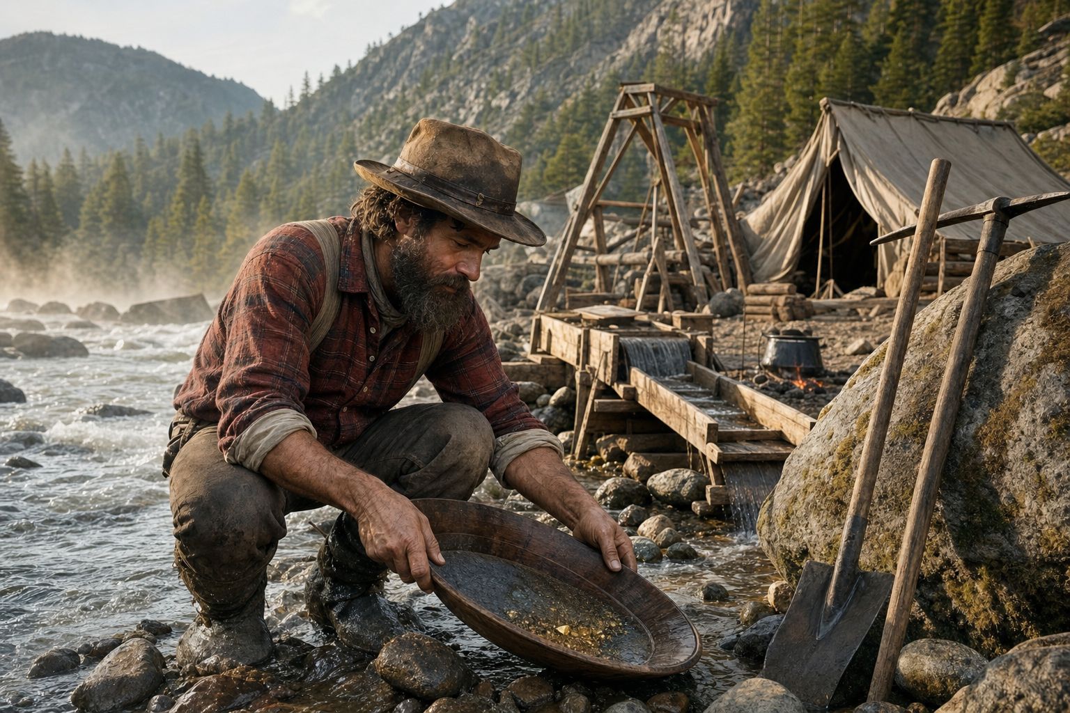 A Gold Rush mining camp with a sluice box beside a mountain river