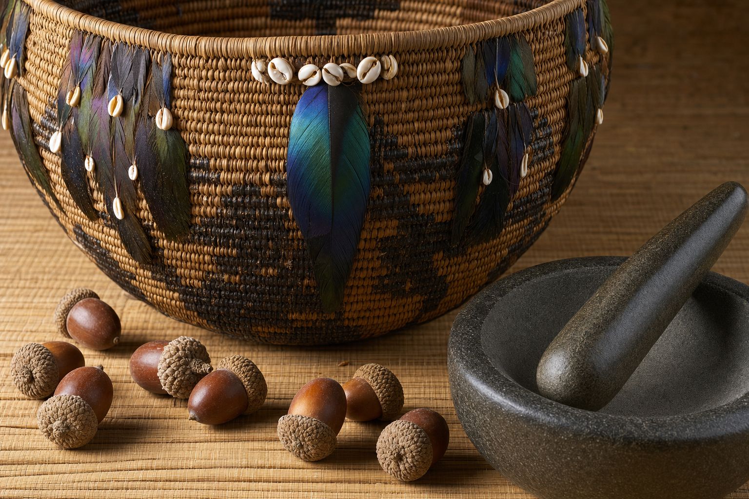 A finely woven ceremonial basket decorated with feathers and shell beads beside a stone mortar and pestle
