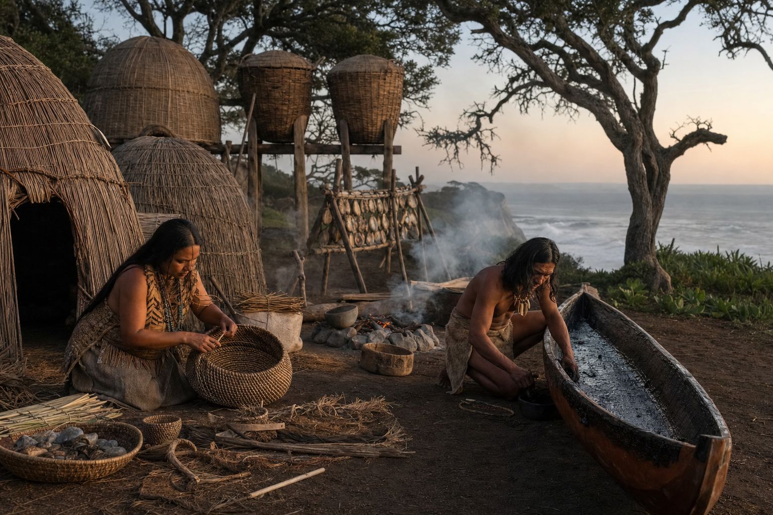 A California coastal village of tule-reed dwellings at dawn, before European contact