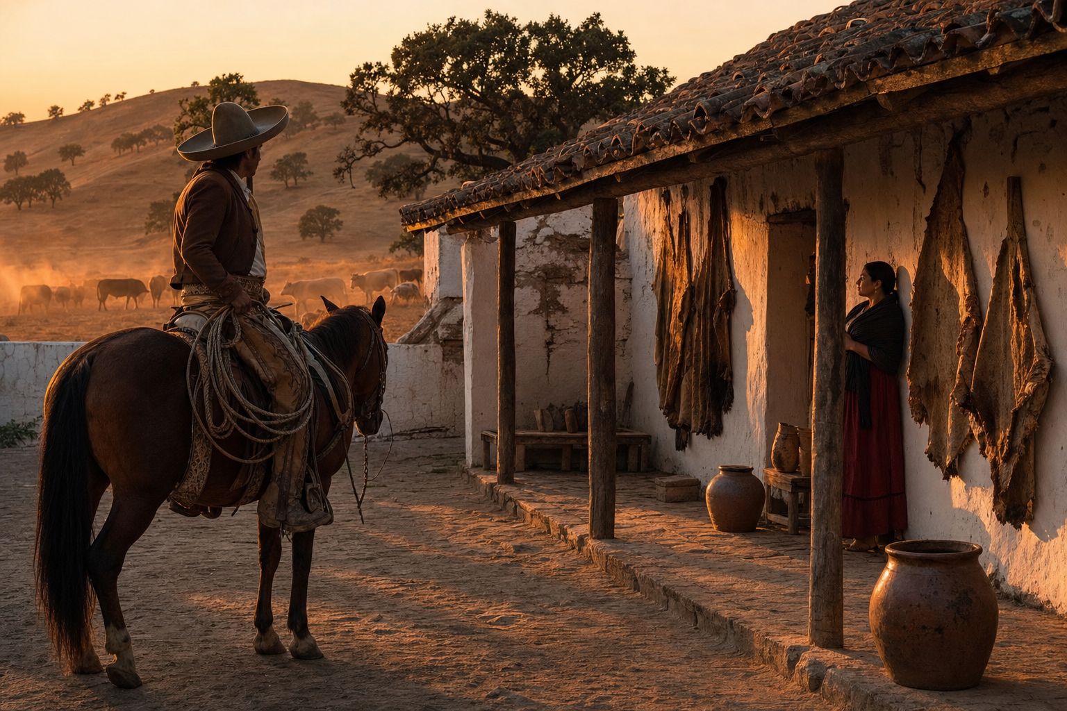 An adobe Californio rancho hacienda at sunset with cattle grazing on golden hills