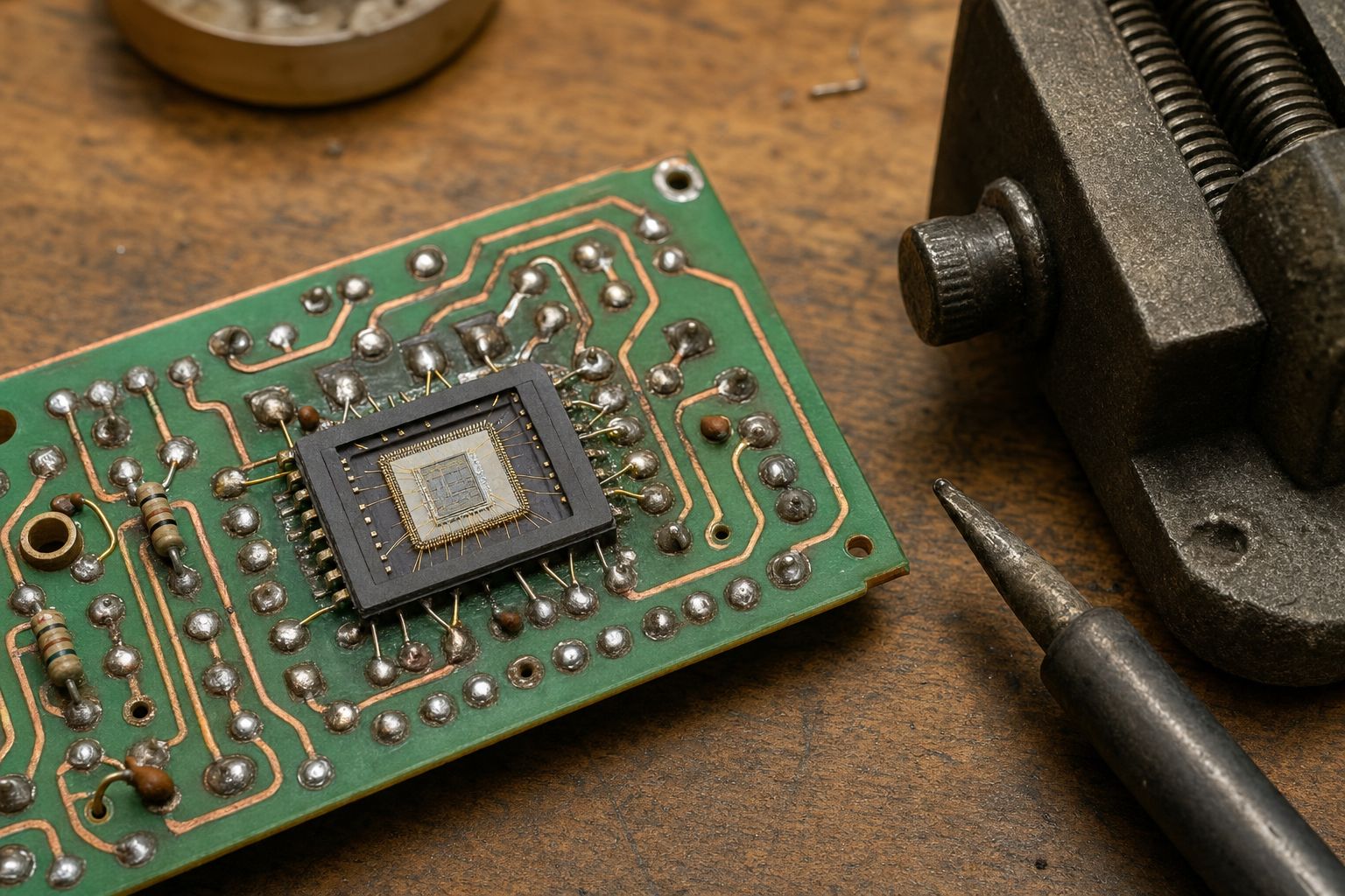 Close-up of a vintage 1970s silicon integrated-circuit chip on a hand-soldered green circuit board