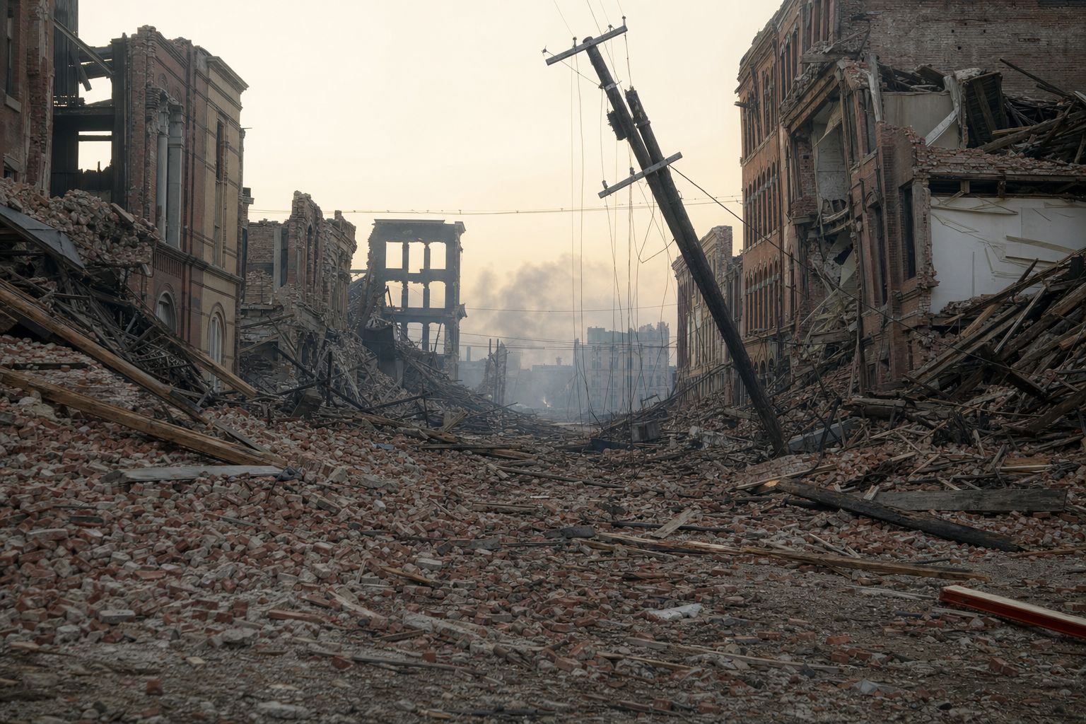 The rubble-strewn aftermath of a major early-20th-century earthquake in a dense city