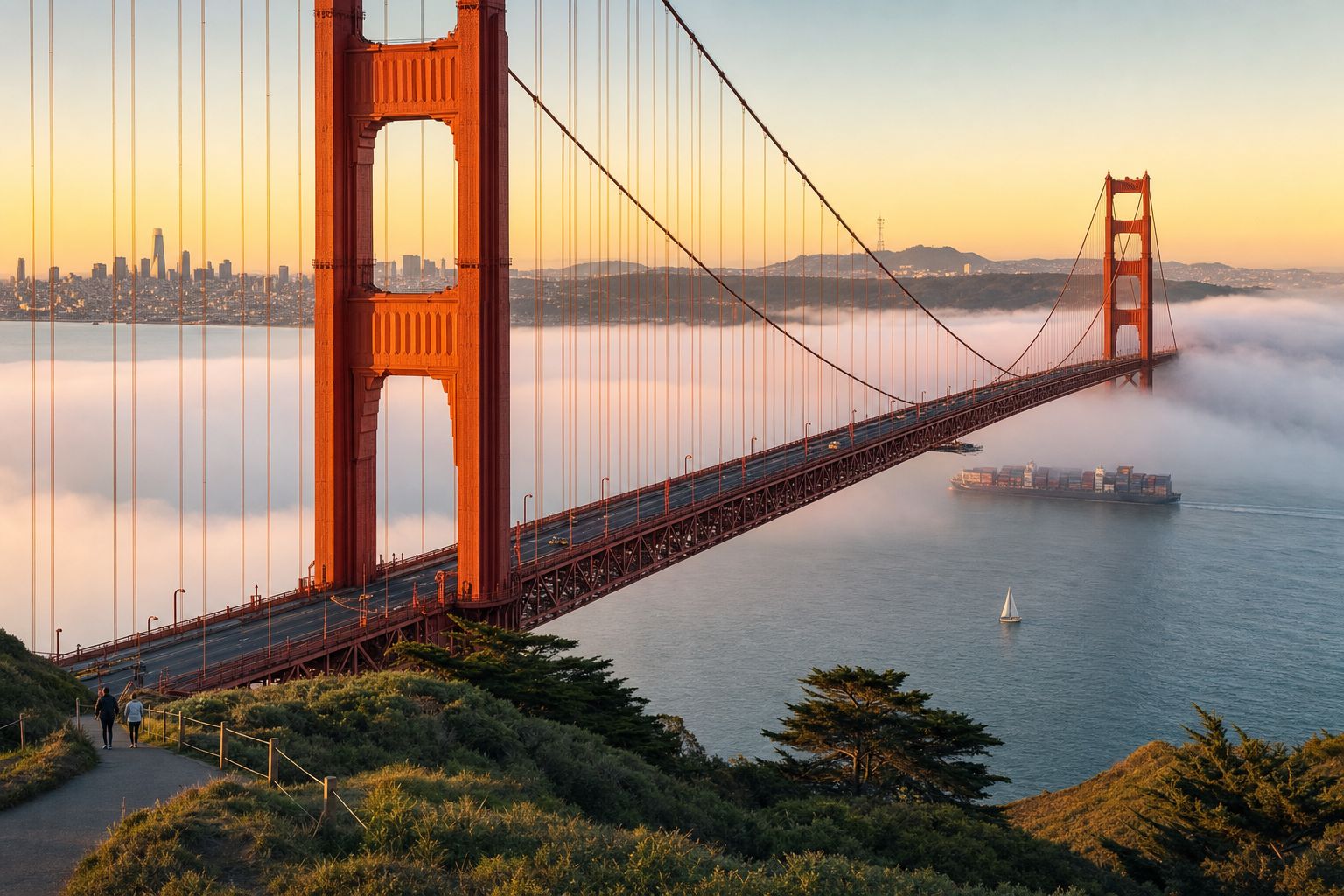 The Golden Gate Bridge at golden hour with fog rolling through the bay