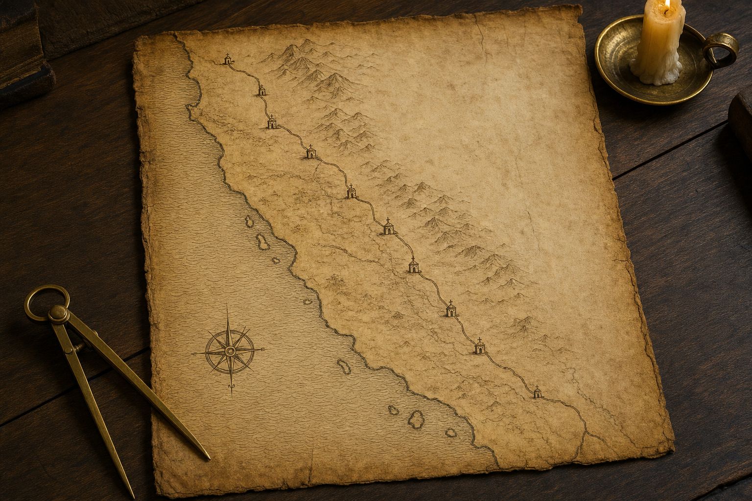 A weathered 18th-century hand-drawn map of Alta California showing the coastline and the chain of missions