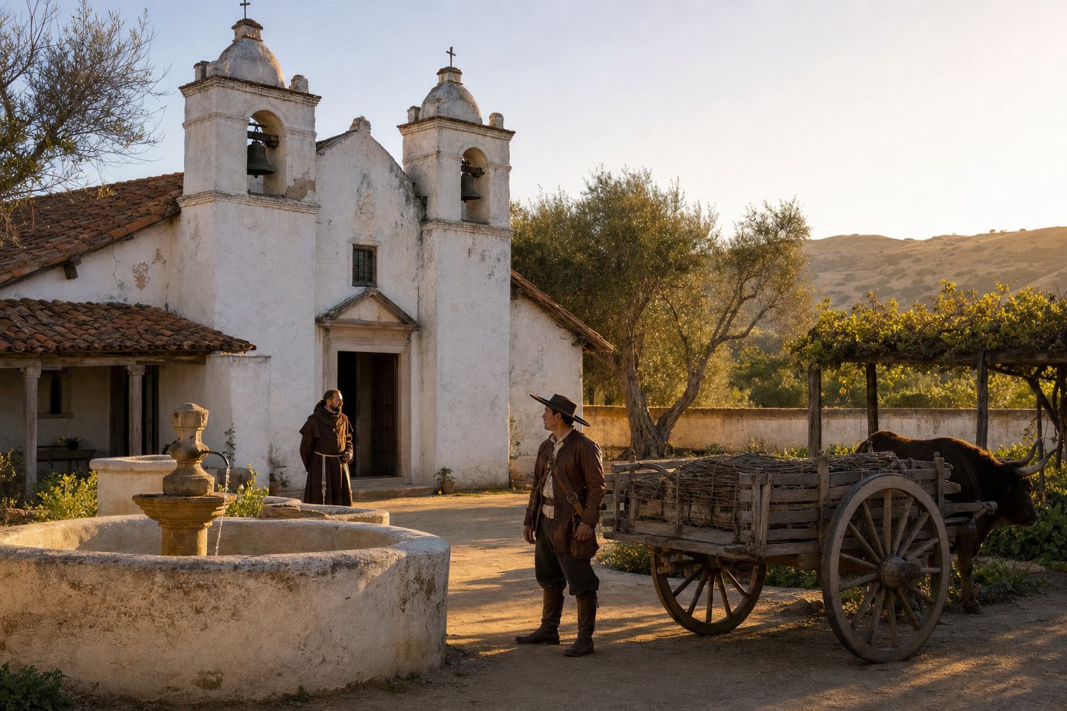 A whitewashed Spanish colonial mission with a bell tower at golden hour