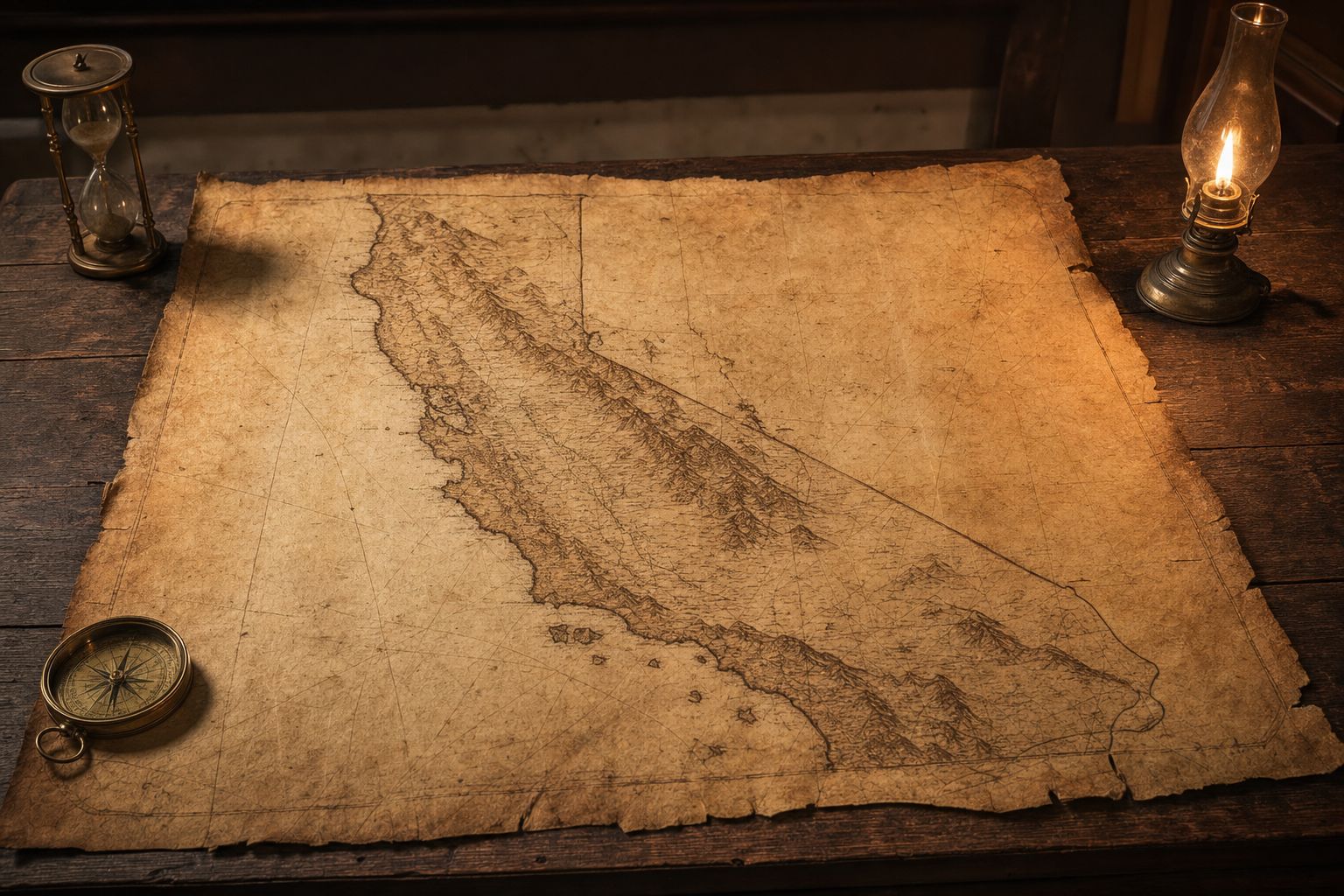 A large antique hand-drawn map of California unrolled across a wooden table with a compass and hourglass