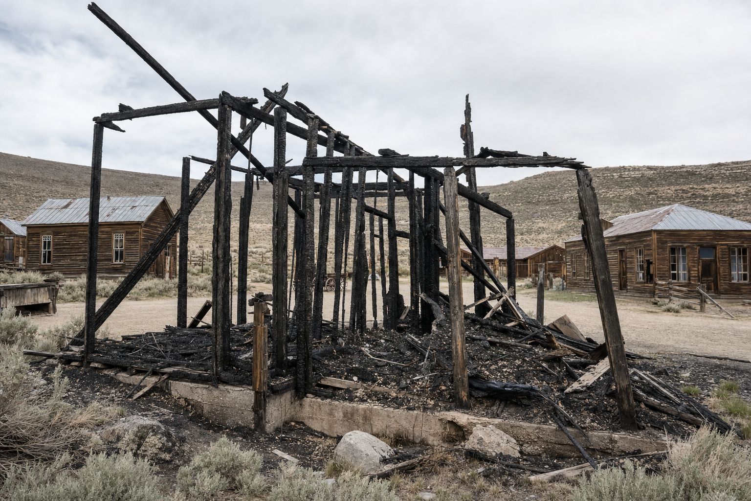 The charred, collapsed remains of a wooden Gold Rush-era building after a fire, with intact buildings visible behind it