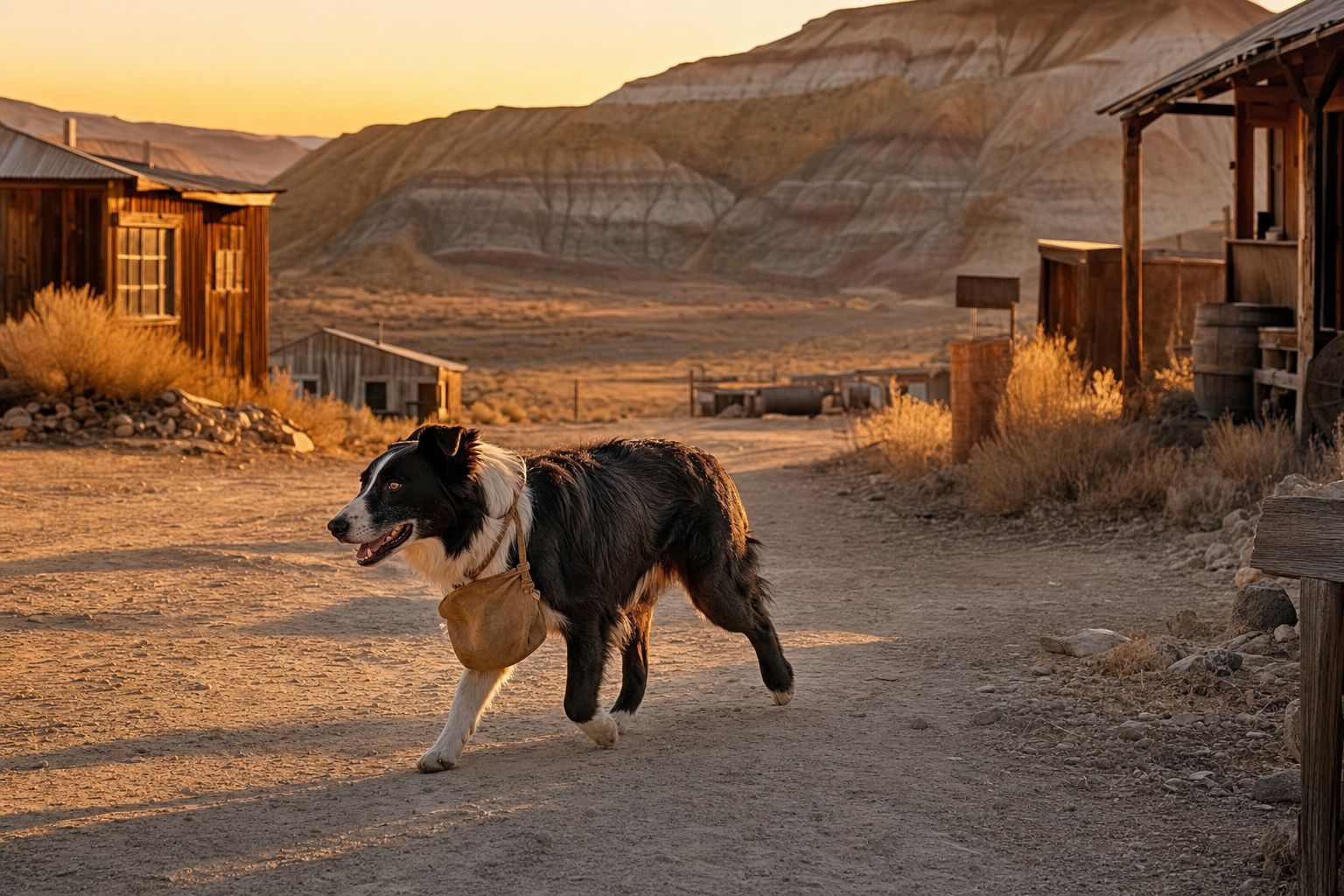 A recreation of a black-and-white collie trotting along a desert road with a small mail pouch tied around its neck