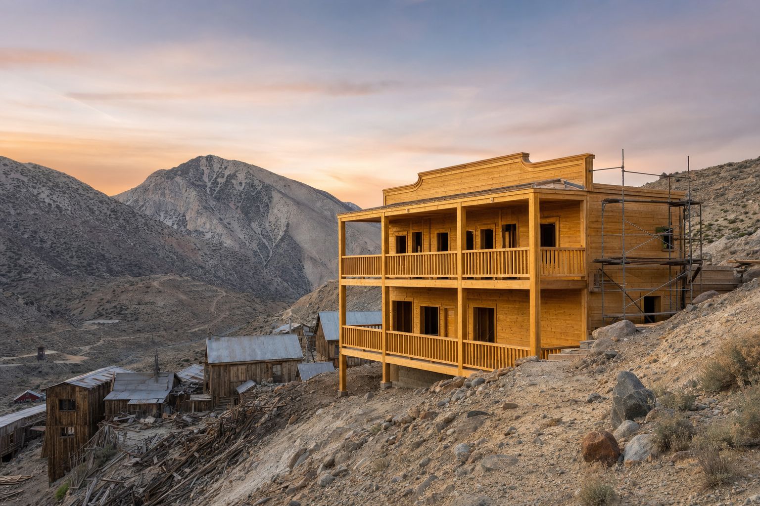 A freshly rebuilt wooden two-story hotel building on a steep mountainside, new lumber contrasting with weathered surroundings