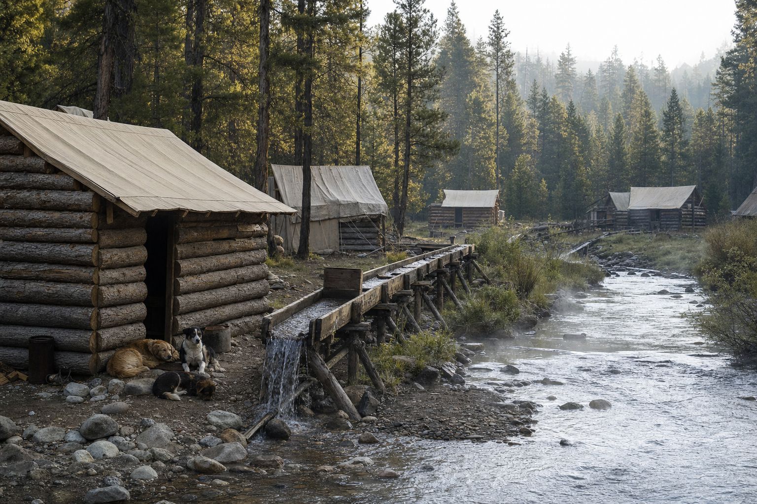 A recreation of a small 1850s placer-mining camp beside a Sierra Nevada creek, with log cabins and a sluice box