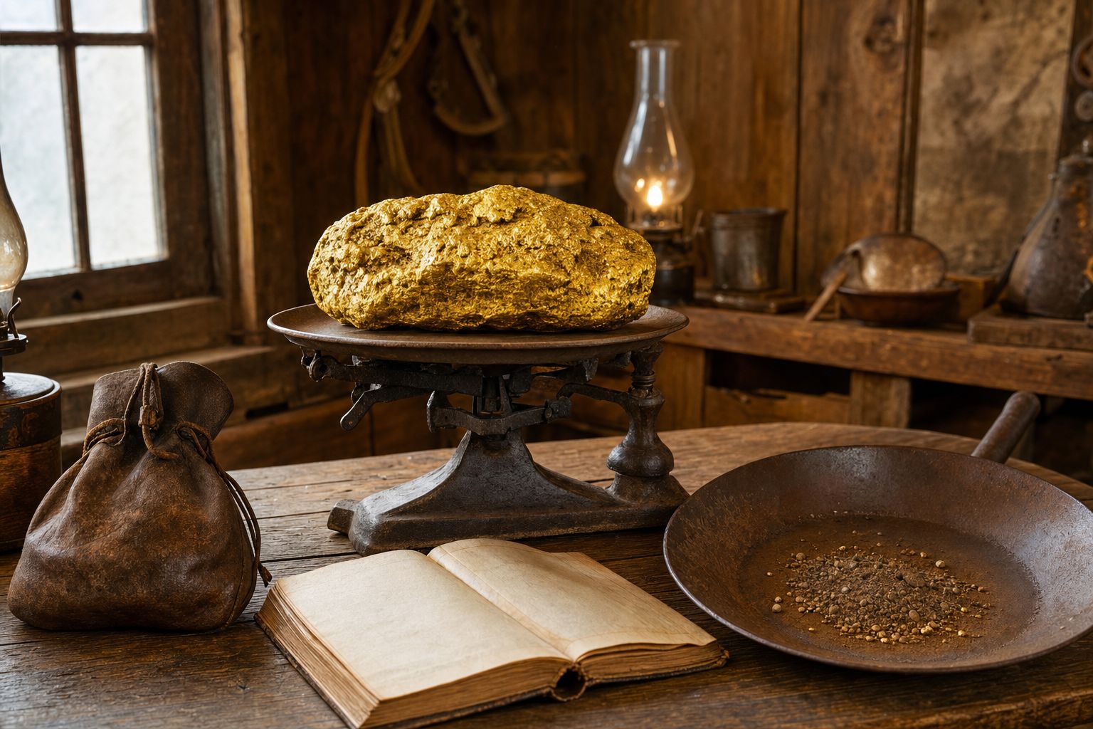 A recreation of a large rough 1850s gold nugget on an iron assay scale in a wooden assay office