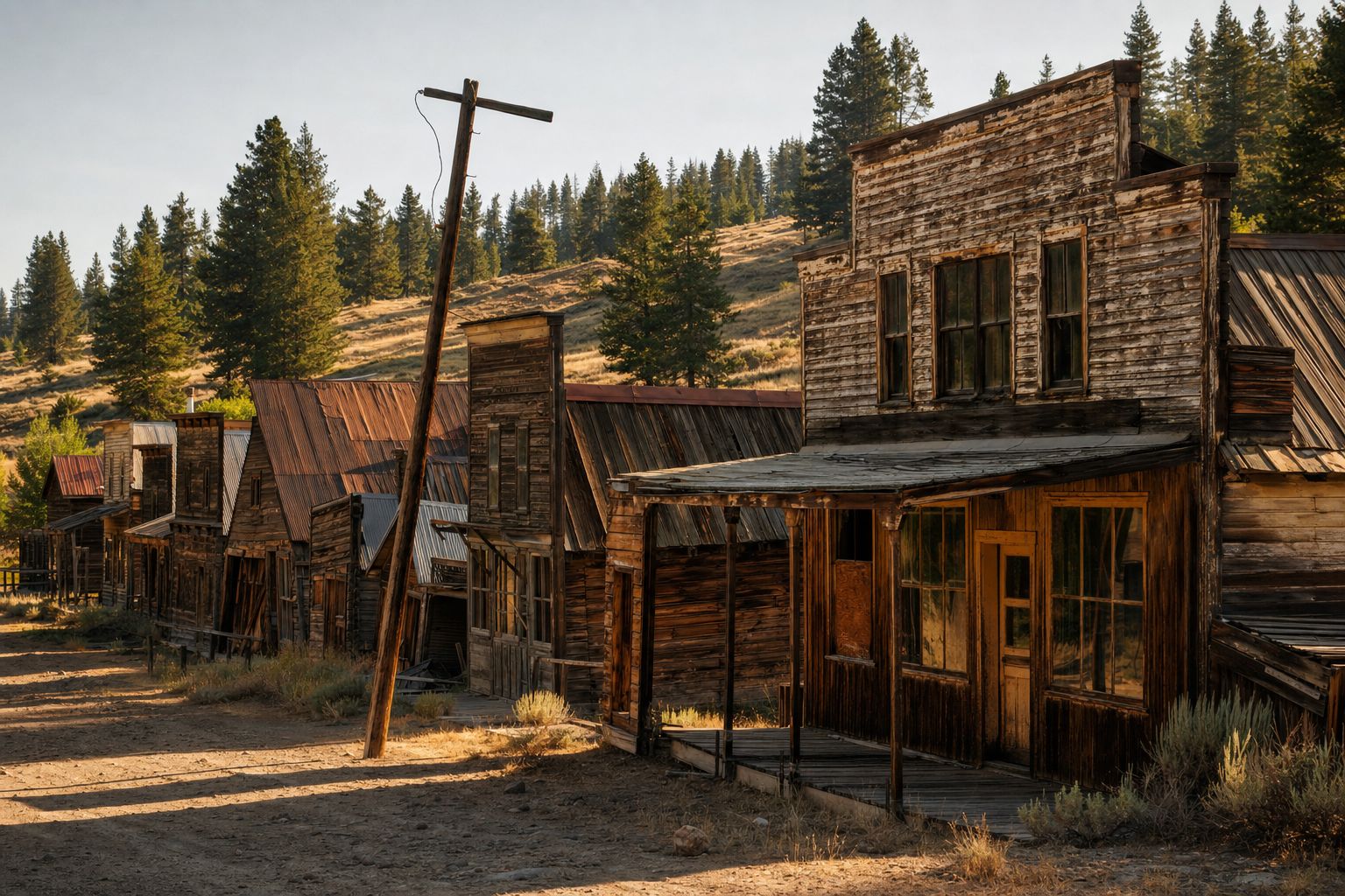 A row of weathered false-front buildings on an empty ghost-town street at golden hour
