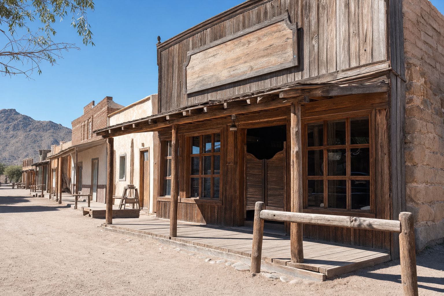 The weathered wooden storefront of an old western saloon still standing on a quiet desert town street