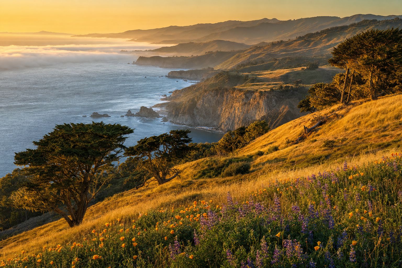 A golden-hour view of the California coast: rolling golden hills and cypress trees above the Pacific
