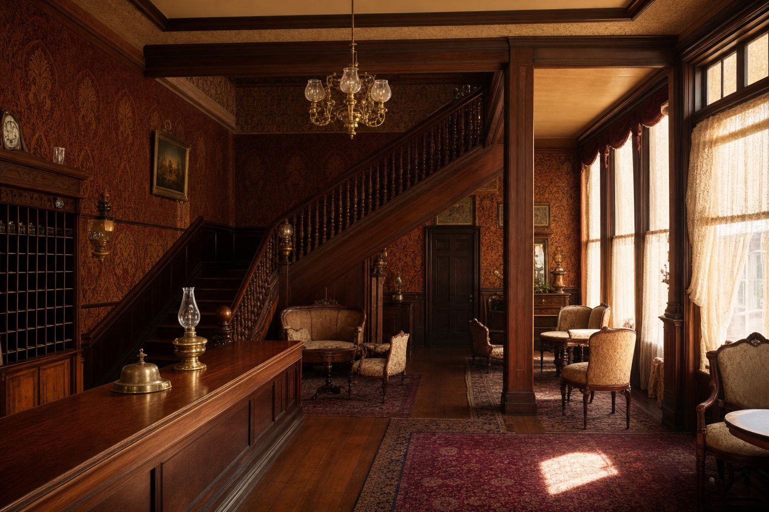 The restored Victorian interior of a Gold Rush-era hotel lobby with a polished wooden front desk and a grand staircase
