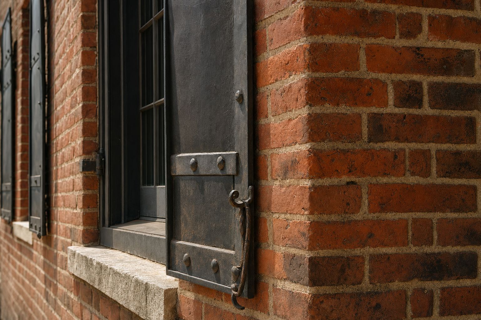 A close-up detail of a Gold Rush-era brick building corner with heavy bolted iron shutters