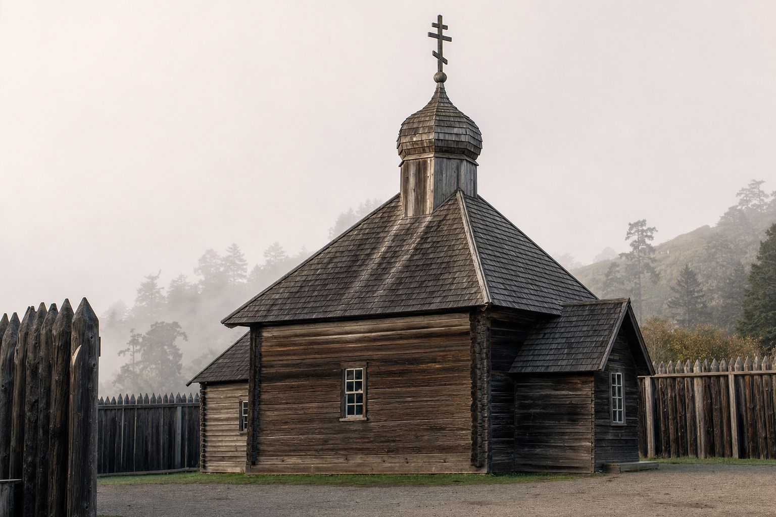 A small wooden Russian Orthodox chapel with an onion dome inside the Fort Ross stockade on the Sonoma coast