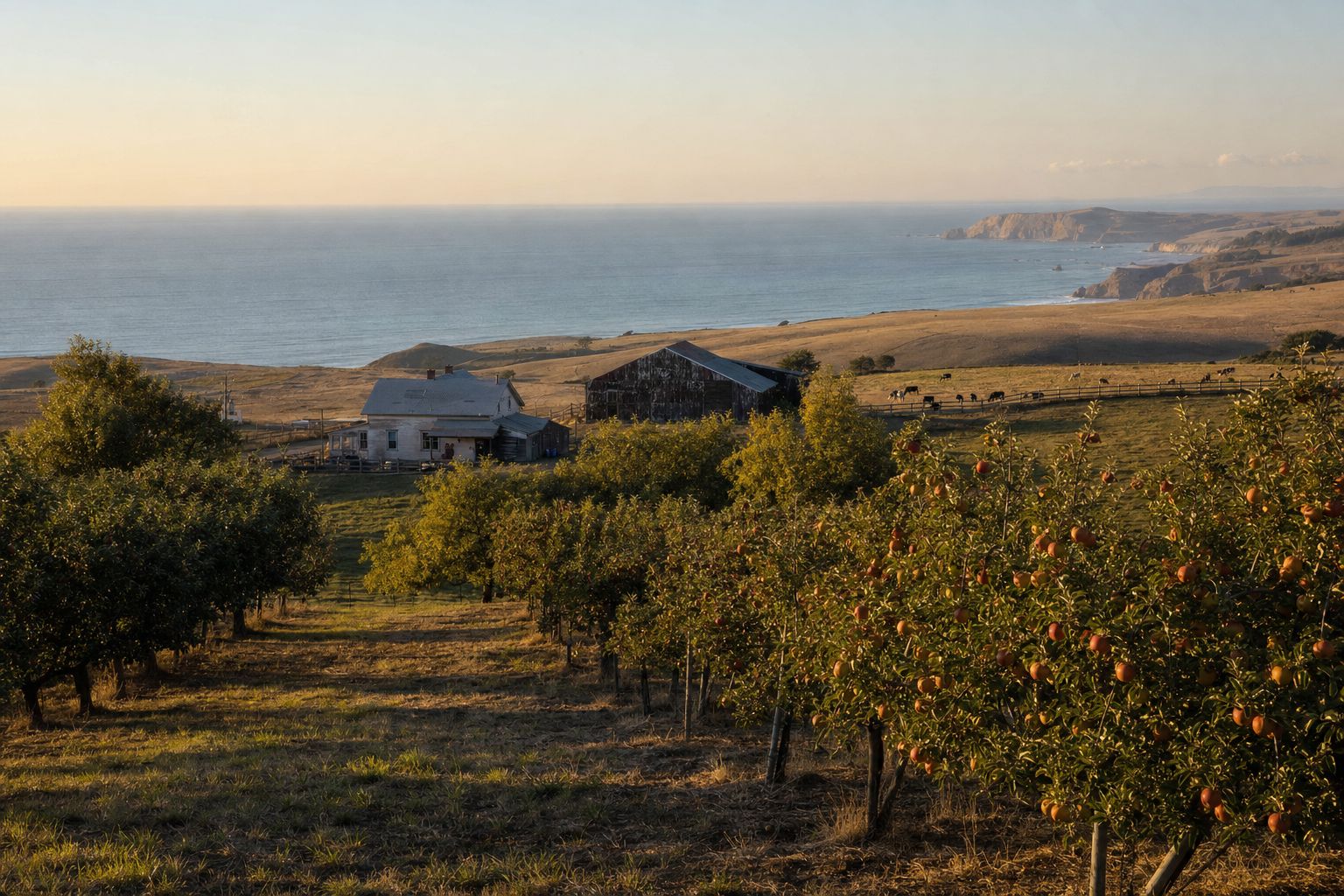 An old apple orchard above the Sonoma coast with a weathered ranch house and the Pacific Ocean in the distance