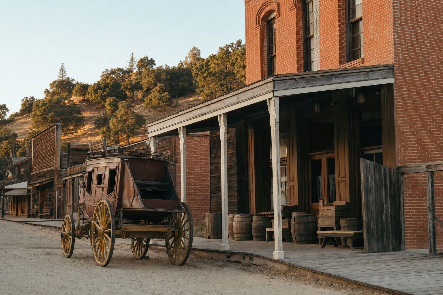 A preserved Gold Rush-era brick main street with a stagecoach parked outside a general store