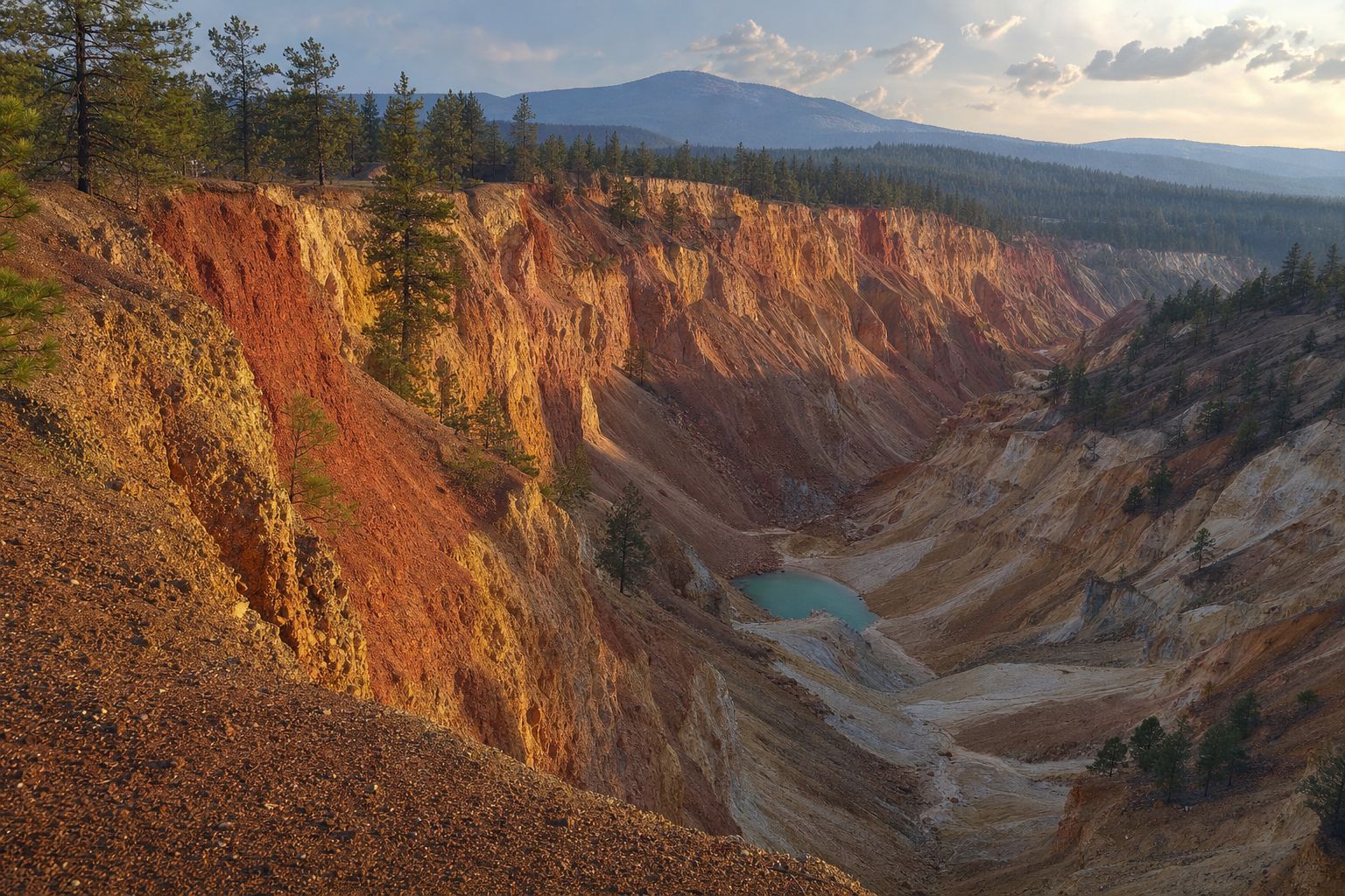 A vast wide-angle view of a mile-long man-made canyon with multicolored eroded cliff walls stretching into the distance