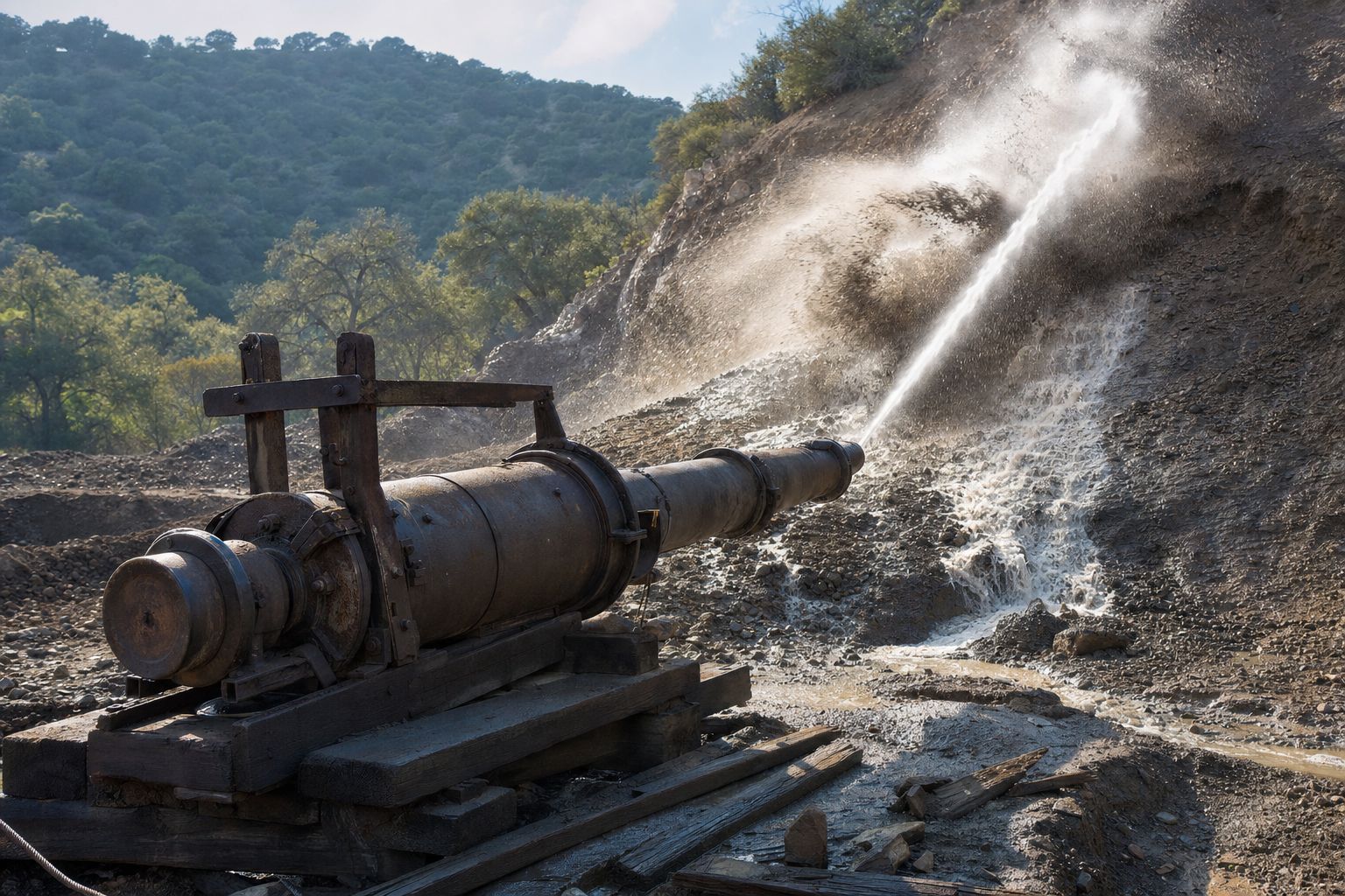 A 19th-century hydraulic mining water cannon, called a monitor, blasting a jet of water into an earthen hillside