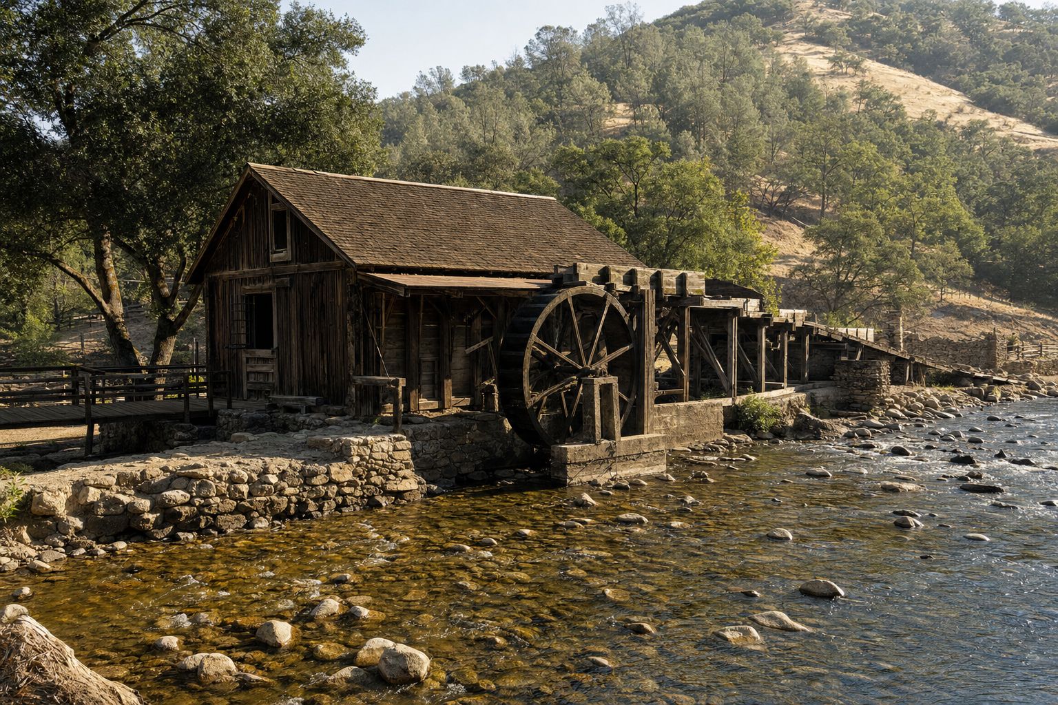 A recreation of the 1840s water-powered sawmill on the American River at Coloma, where gold was first discovered