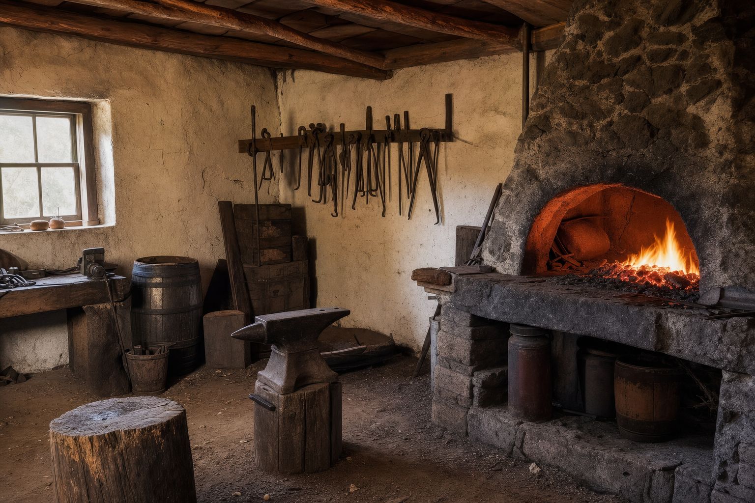 The interior of a reconstructed 1840s adobe fort blacksmith workshop with a glowing forge and hand tools
