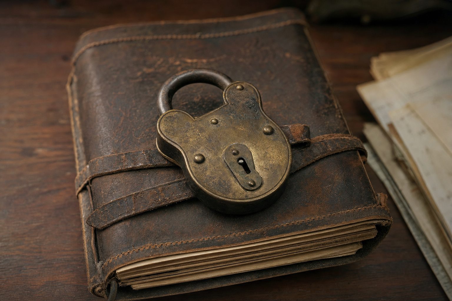 An antique brass padlock resting closed on a leather-bound 19th-century journal under warm lamplight
