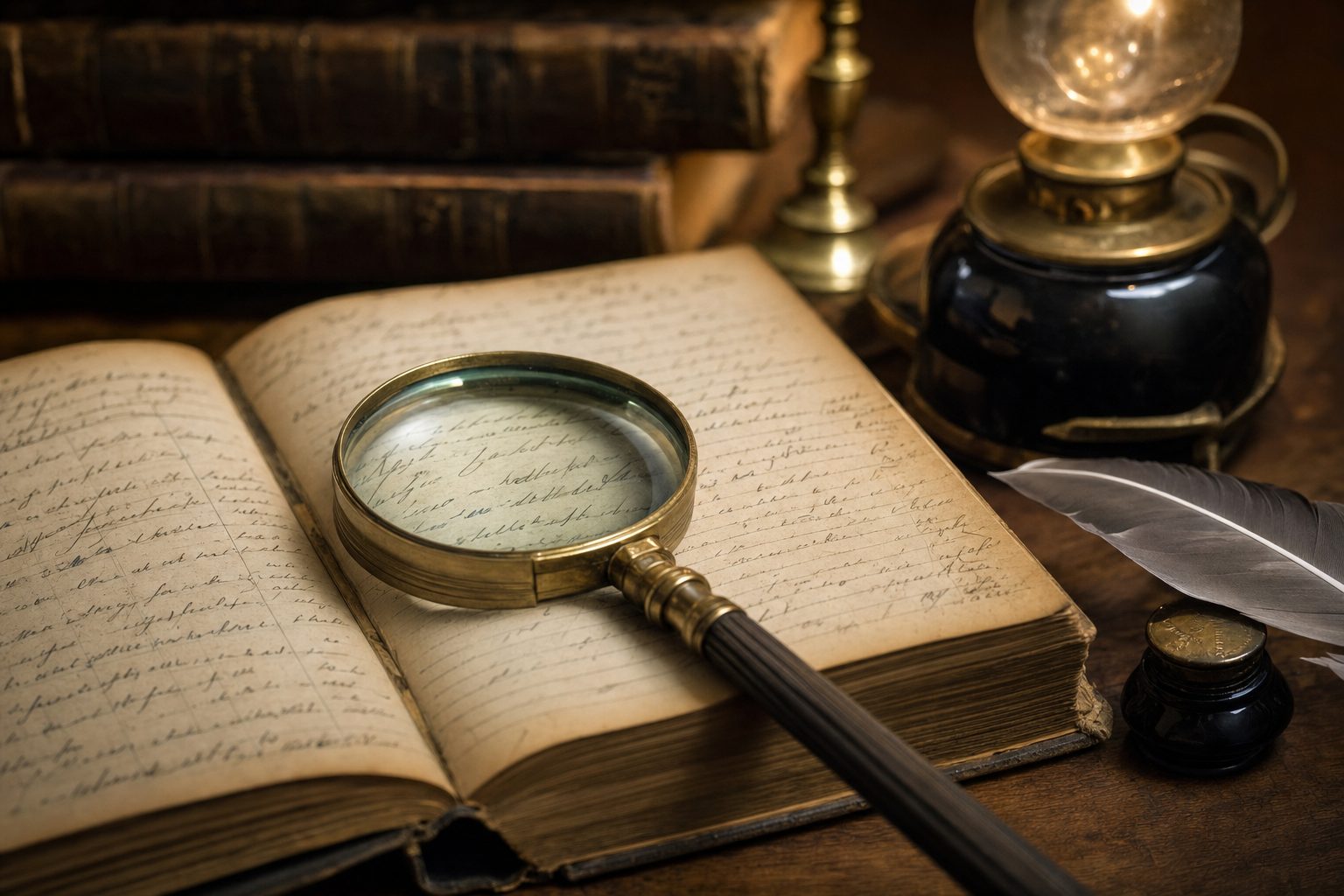 An antique brass magnifying glass resting on an open 19th-century handwritten ledger beside a quill pen and inkwell