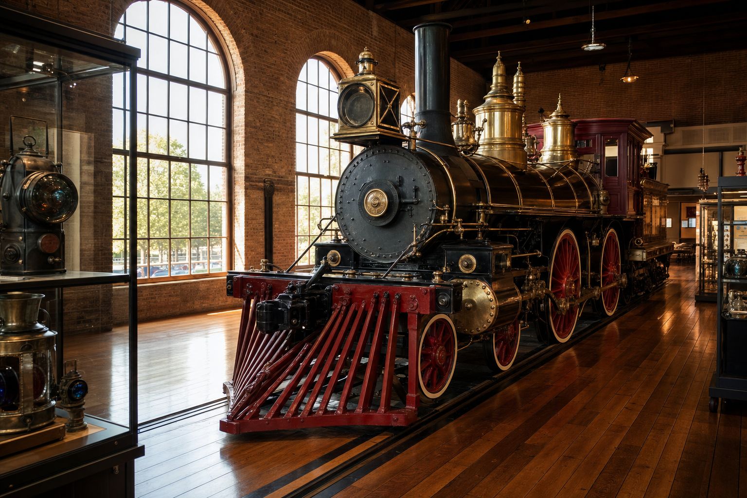 The interior of a historic railroad museum with a restored steam locomotive under warm light
