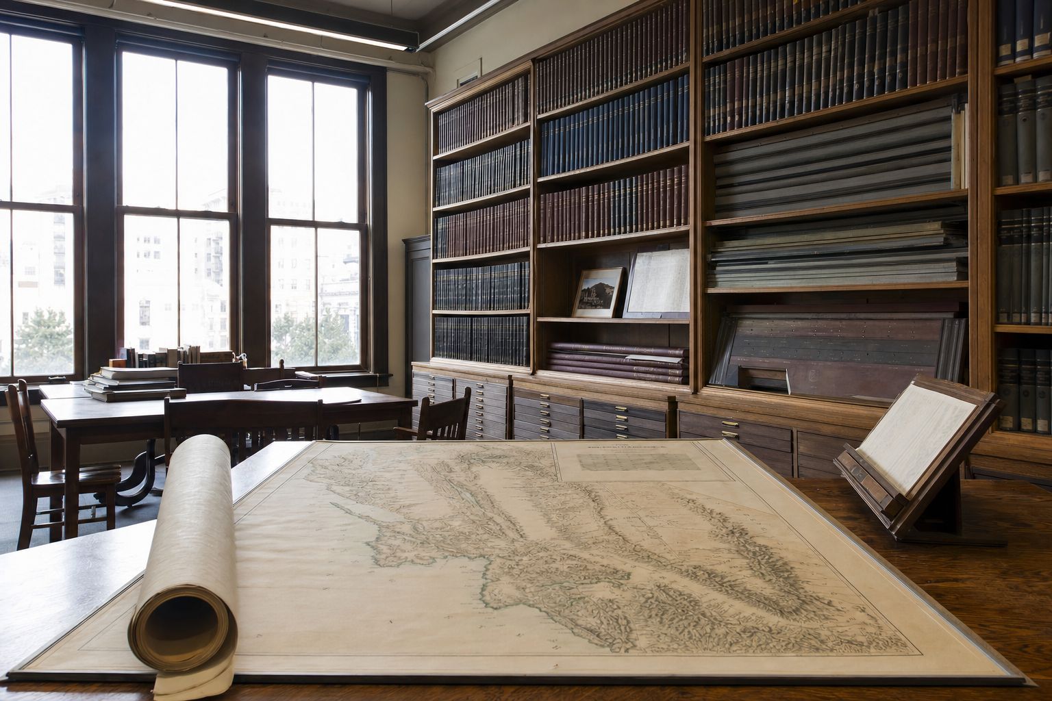 The reading room of a historical society archive in San Francisco with an antique map spread on a research table