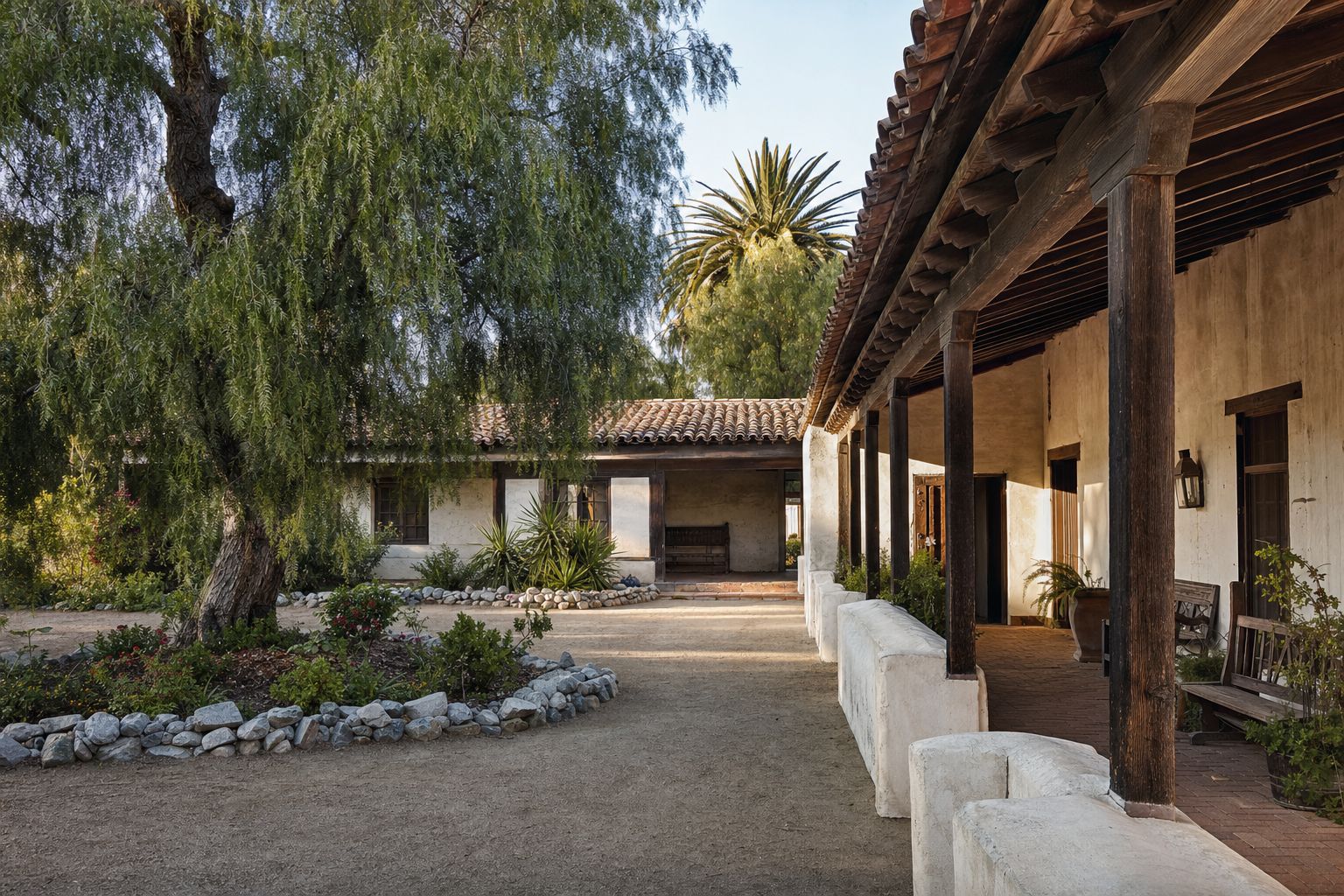 A preserved early-20th-century adobe ranch hacienda courtyard with a covered veranda and palm trees
