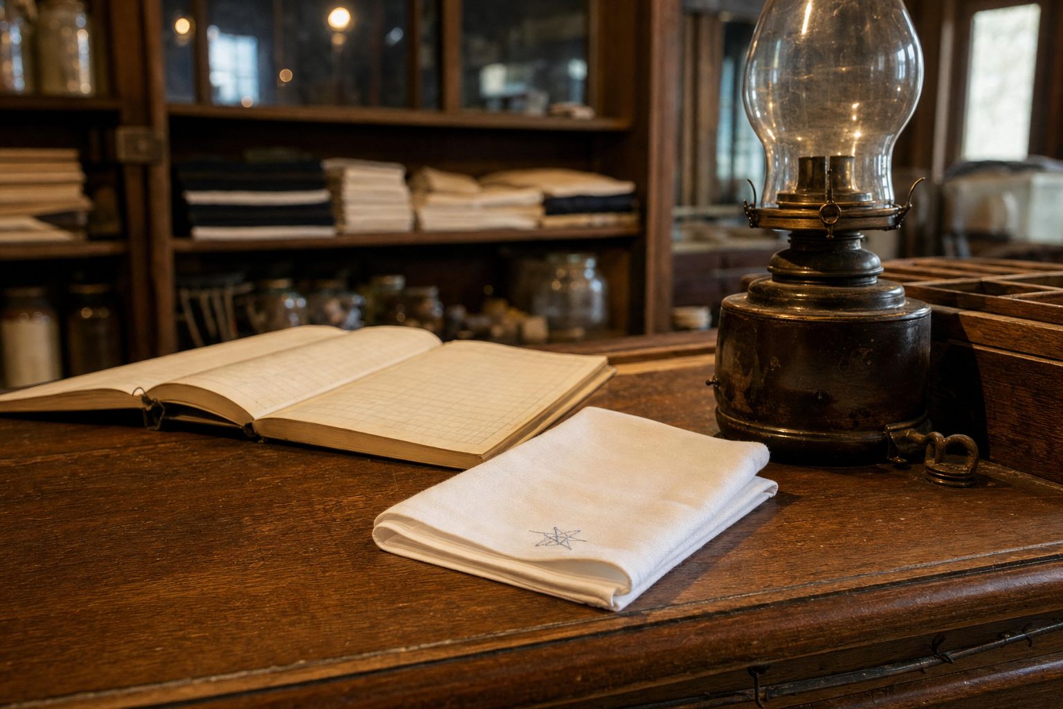 A folded handkerchief with an embroidered laundry mark on a 19th-century laundry counter beside an open ledger