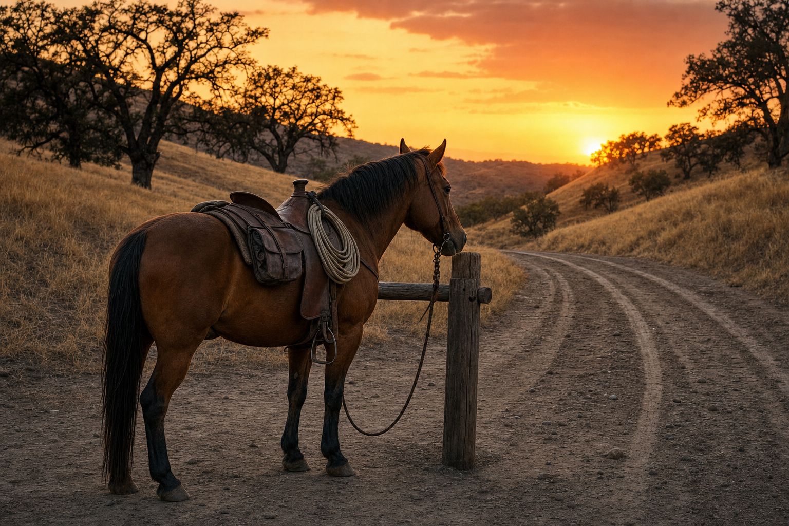 A lone horse tied at a hitching post beside a dusty stagecoach road at dusk