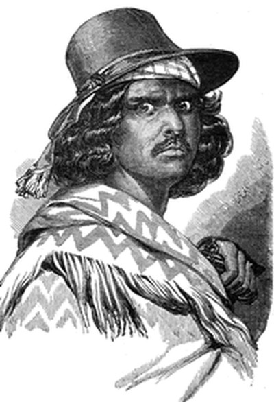An 1851 engraving of Joaquín Murrieta wearing a wide-brimmed hat and a striped serape