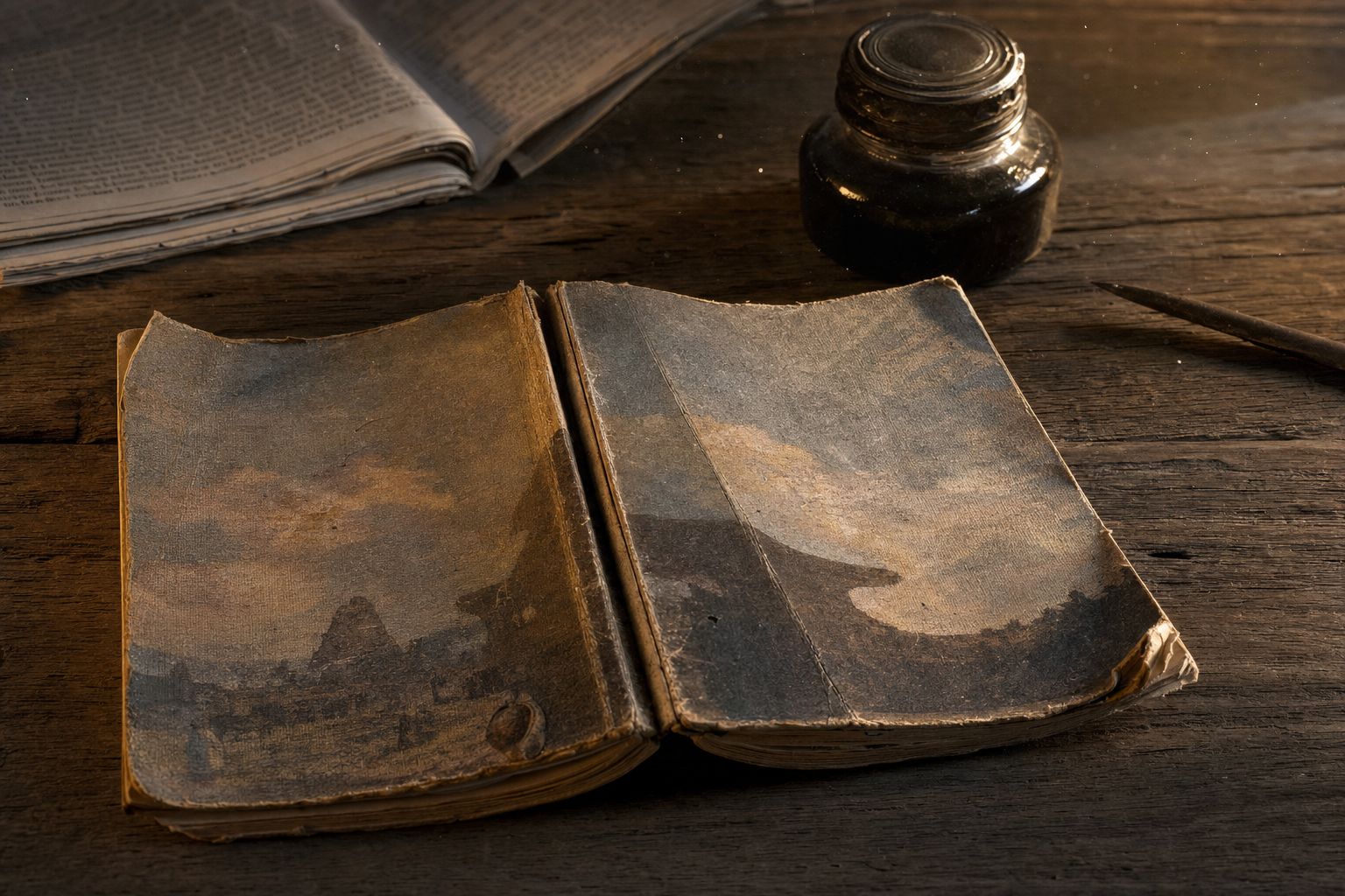 A recreation of a weathered 1850s pulp paperback book on a wooden table beside an inkwell and a folded period newspaper