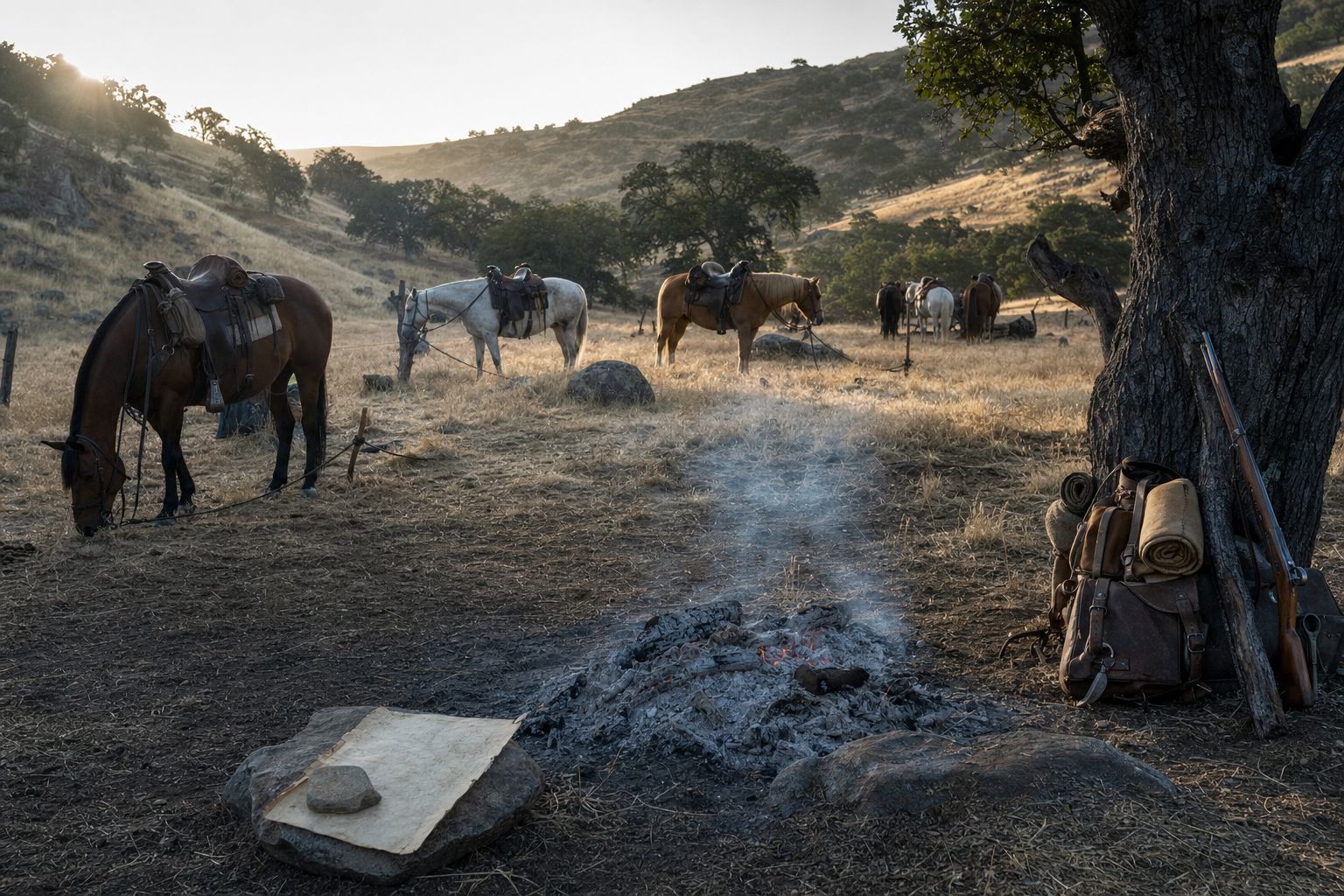A California state ranger company's frontier camp at dawn near Panoche Pass, with saddled horses and rifles