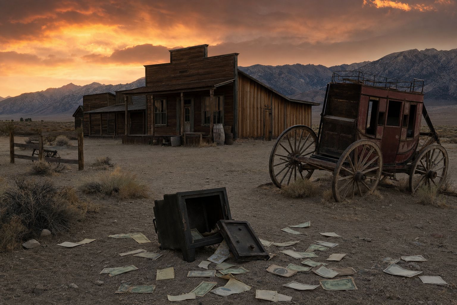 A recreation of a remote 1870s stagecoach station near the Owens Valley with an open, emptied strongbox