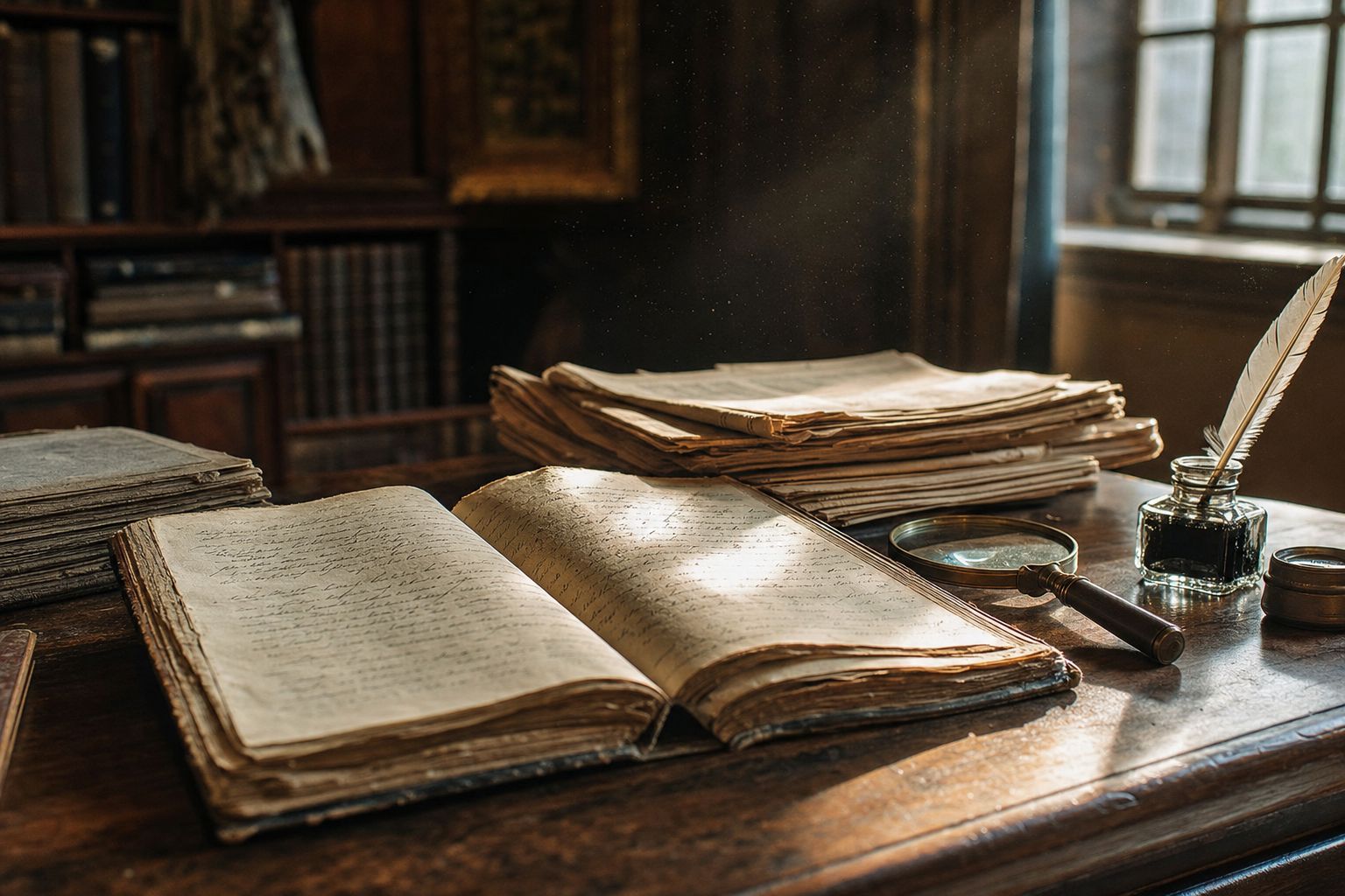 An archival reading room table with an open 19th-century book, old newspapers and a magnifying glass